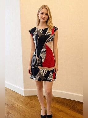 Alfani Black & Red Abstract Print Cap-Sleeve Shift Dress - Size XS